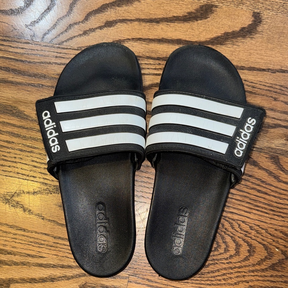 Adidas Black and White Striped Slides